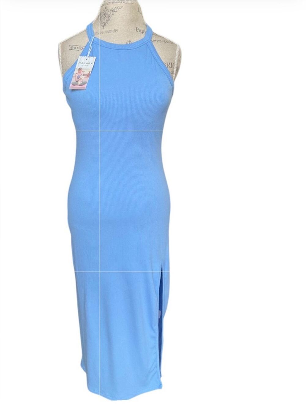 Halara Women’s Halter Ribbed Maxi Dress Blue Halter Maxi Side Slit Size XL NWT